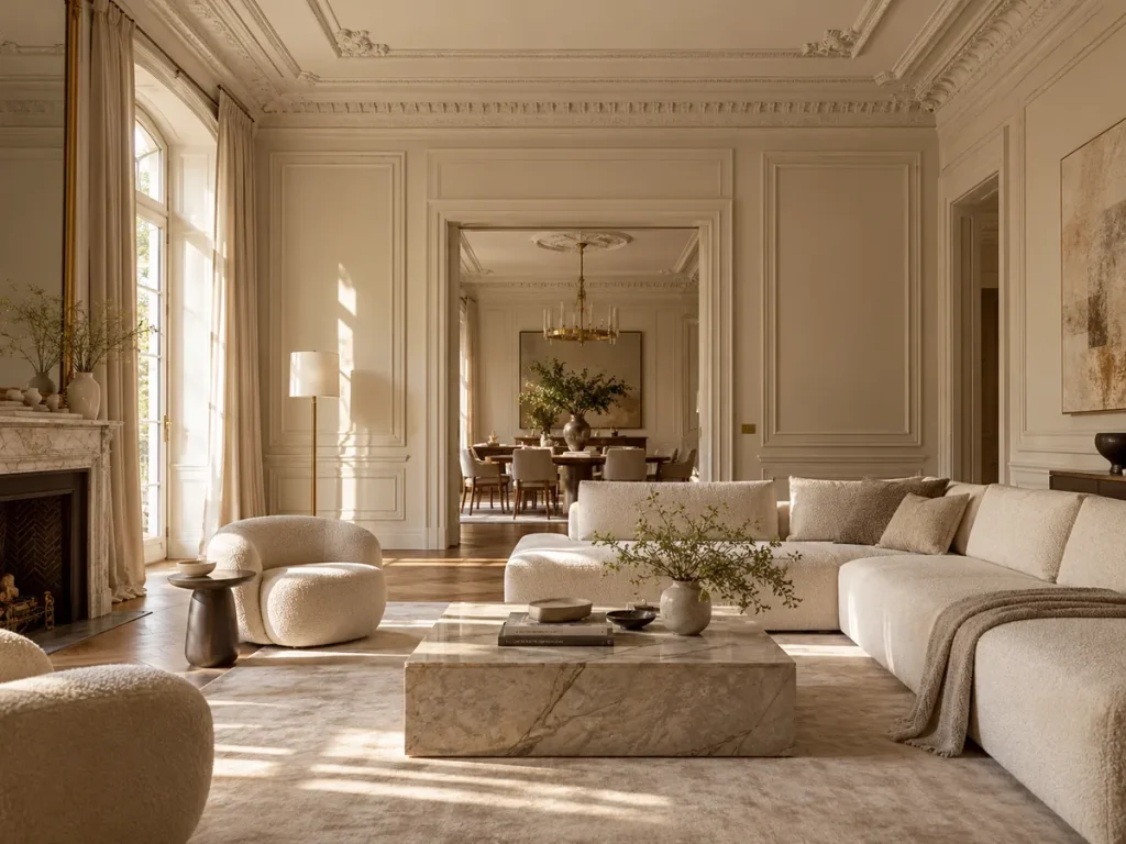 Classic white living room with decorative wall mouldings and ceiling cornice