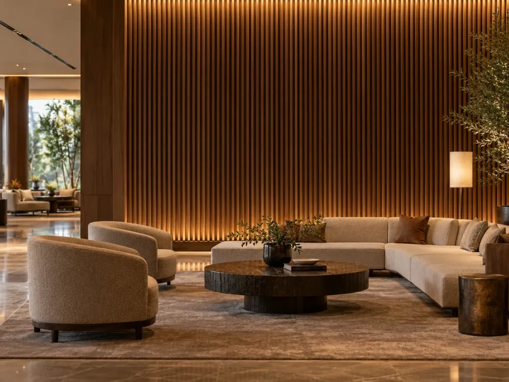 Hotel lounge with backlit vertical wood grille panels