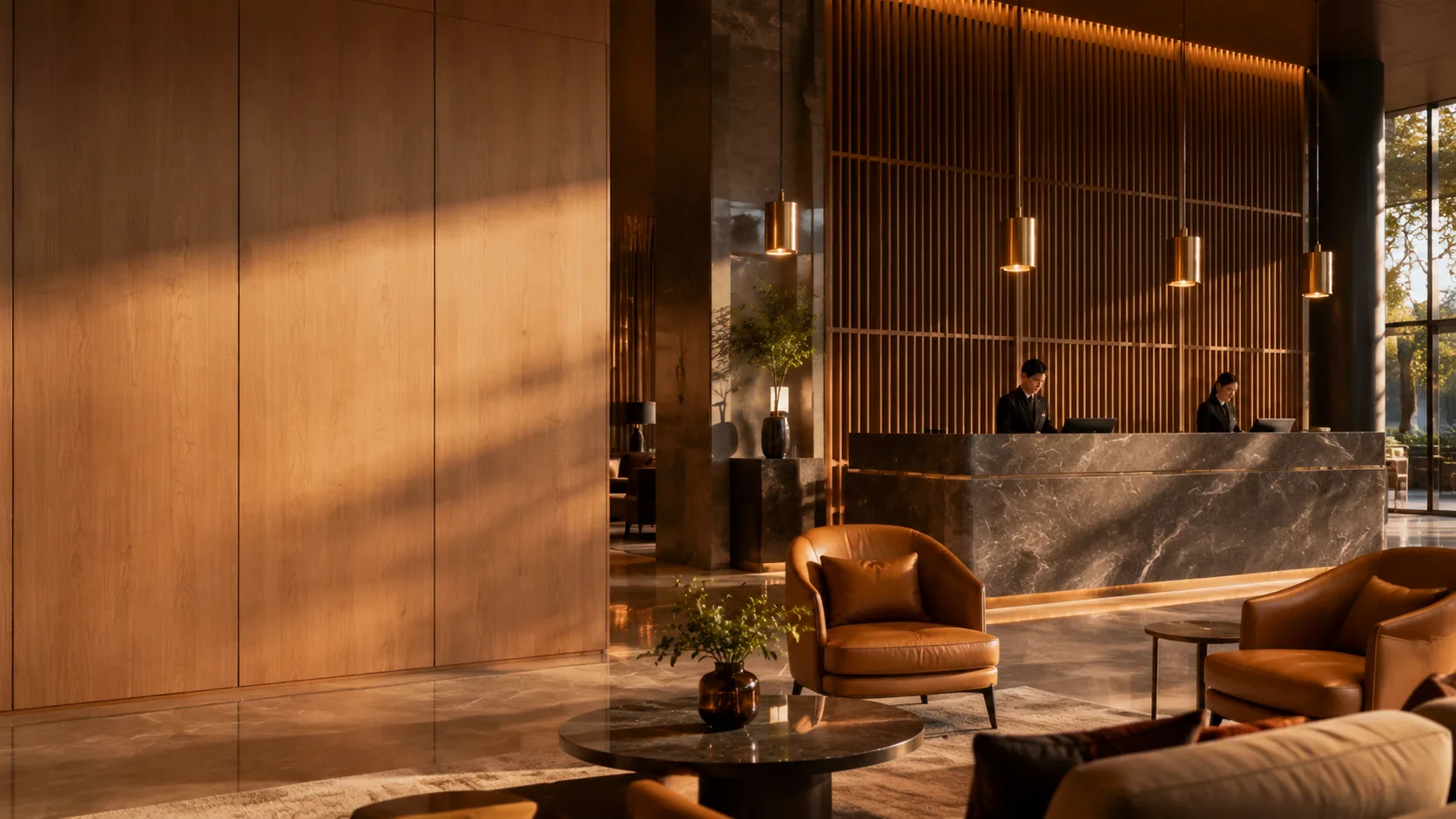 Boutique hotel lobby with wood-grain carbon crystal wall panels and slatted grille panels