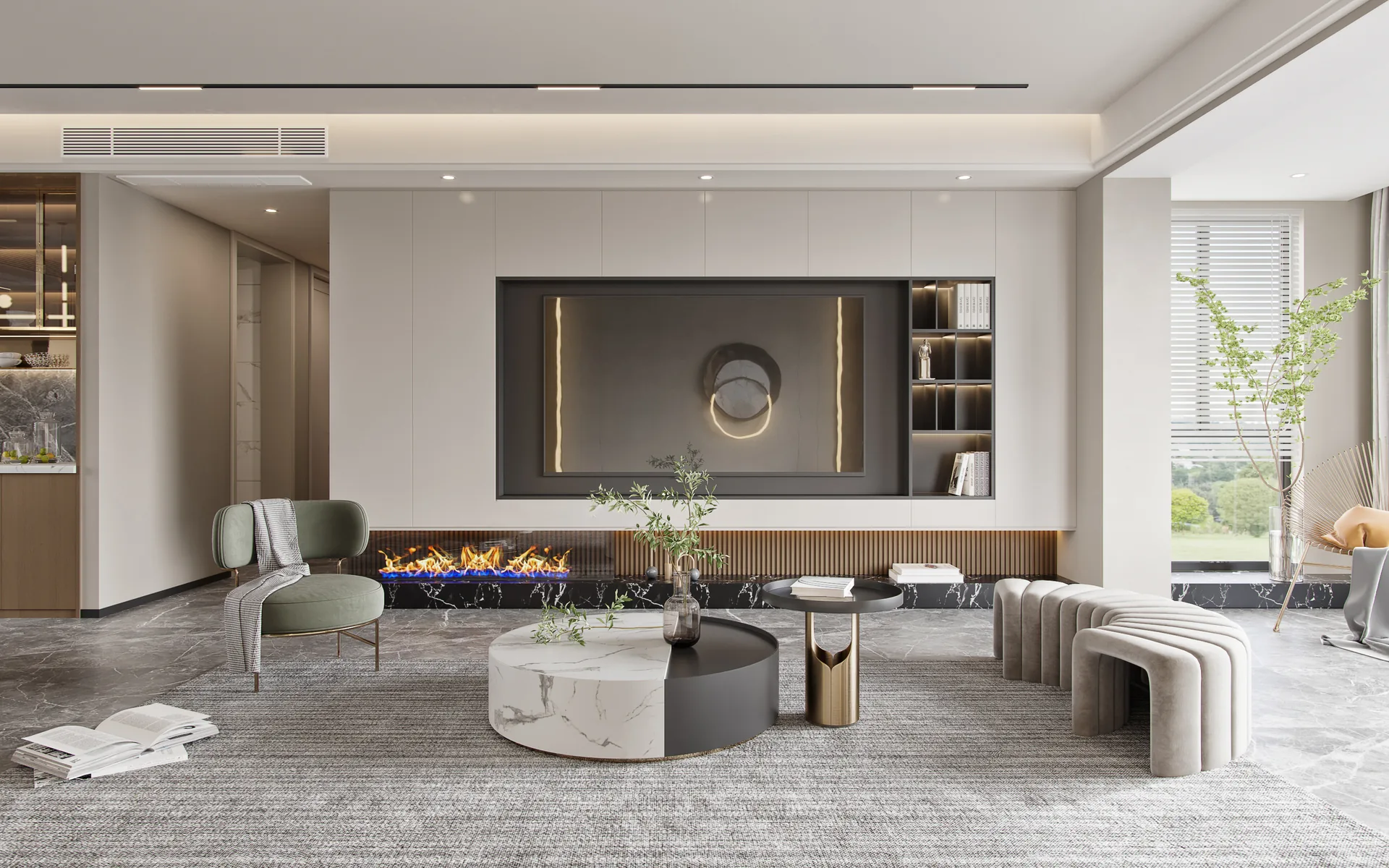 Modern living room with dark carbon crystal wall panels