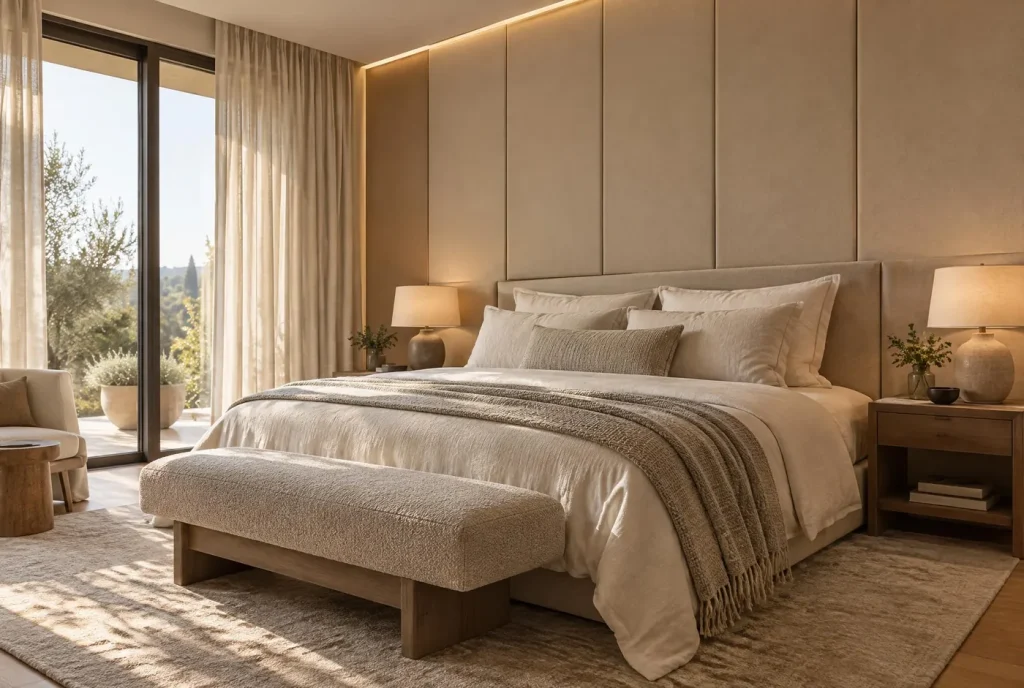 Residential project – Soft-Touch Beige Bedroom with Eysin Board wall panels