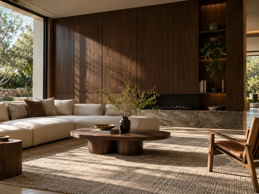 Living room with dark wood-grain wall panels and built-in shelving