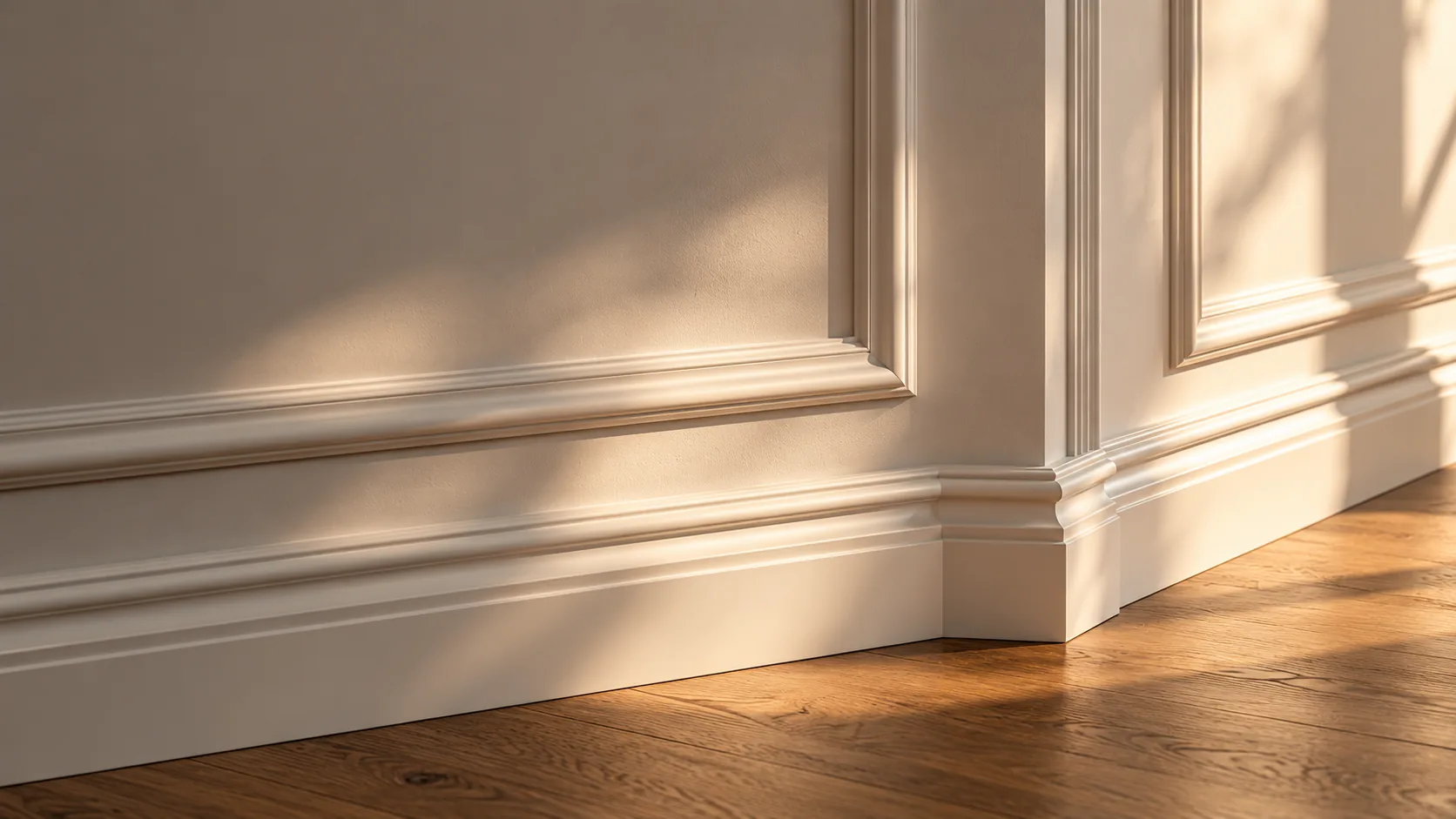 Close-up of white wall panel mouldings in warm side light